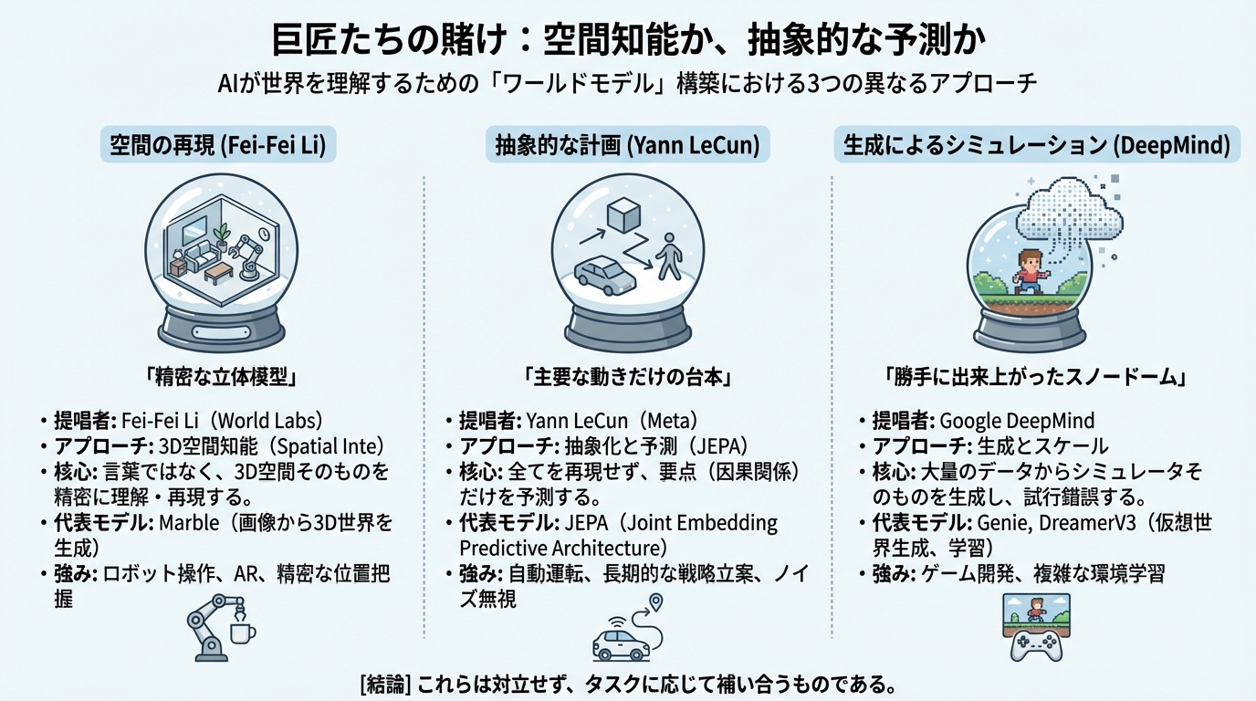 図解: 巨匠たちの賭け：空間知能か、抽象的な予測か
