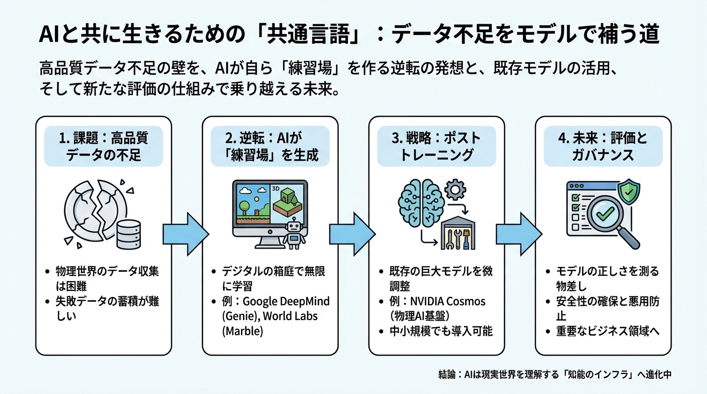 図解: データ不足をモデルで補う「逆転」と実用化の道