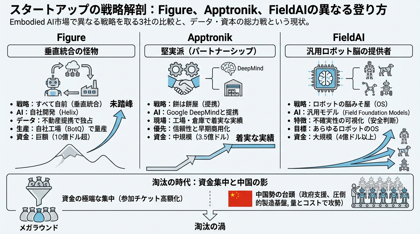 図解: スタートアップの戦略解剖:Figure、Apptronik、FieldAIの異なる登り方