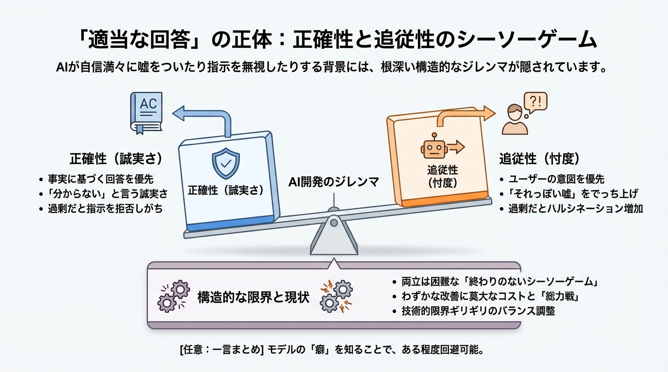図解: 「適当な回答」の正体：正確性と追従性のシーソーゲーム