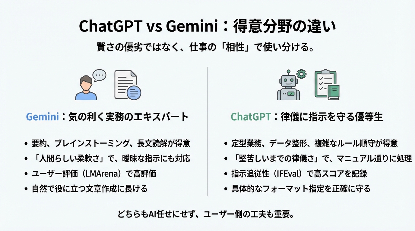 図解: ChatGPT vs Gemini：数字の裏側にある「得意分野」の違い