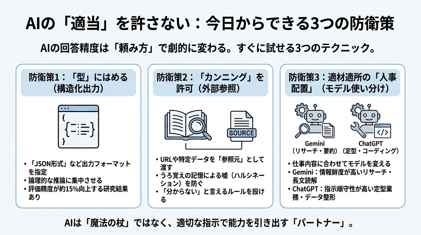 図解: AIの「適当」を許さない：私たちが今日からできる3つの防衛策