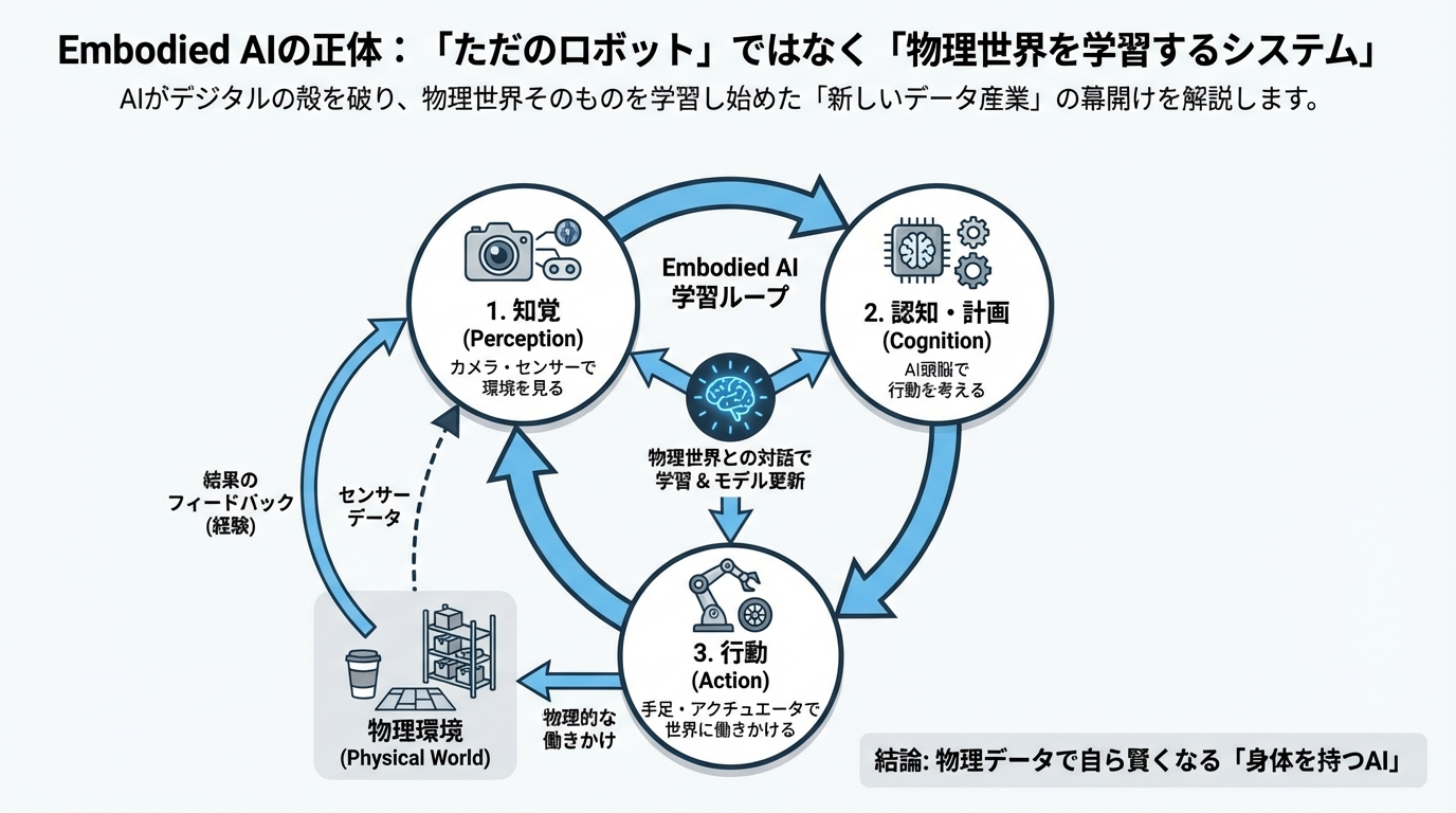 図解: Embodied AIの正体:「ただのロボット」ではなく「物理世界を学習するシステム」