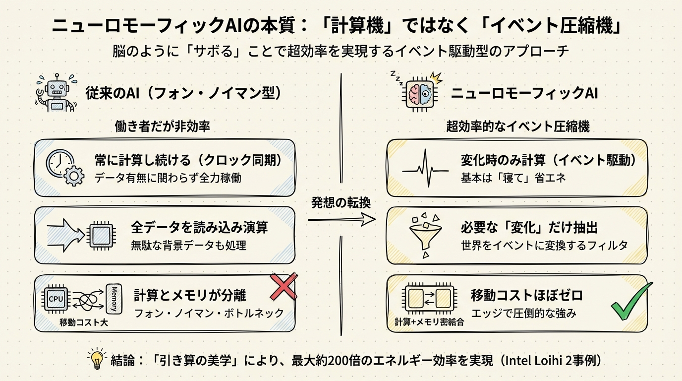 図解: 定義の再考：ニューロモーフィックAIは「計算機」ではなく「超効率的なイベント圧縮機」である