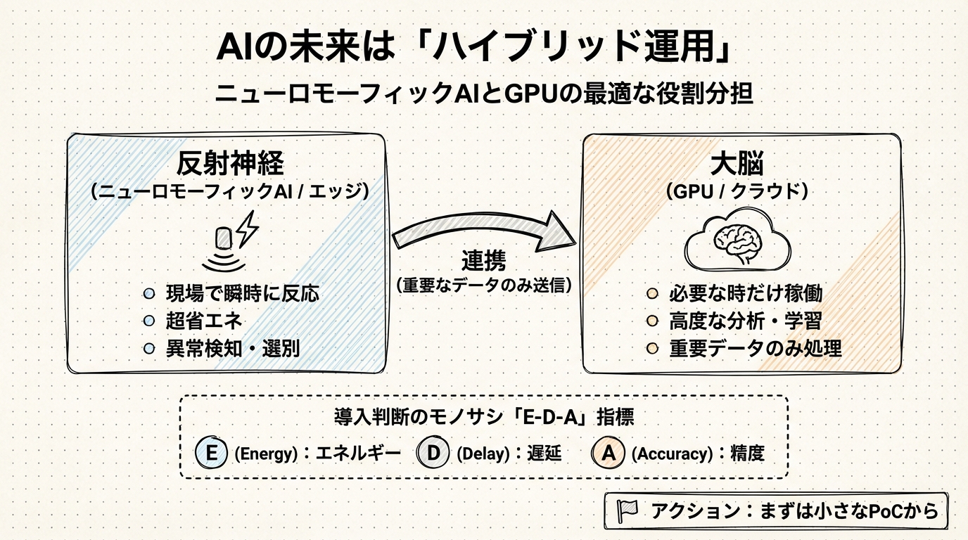 図解: 導入判断と未来予測：GPUとの「ハイブリッド運用」こそが現実的な解である