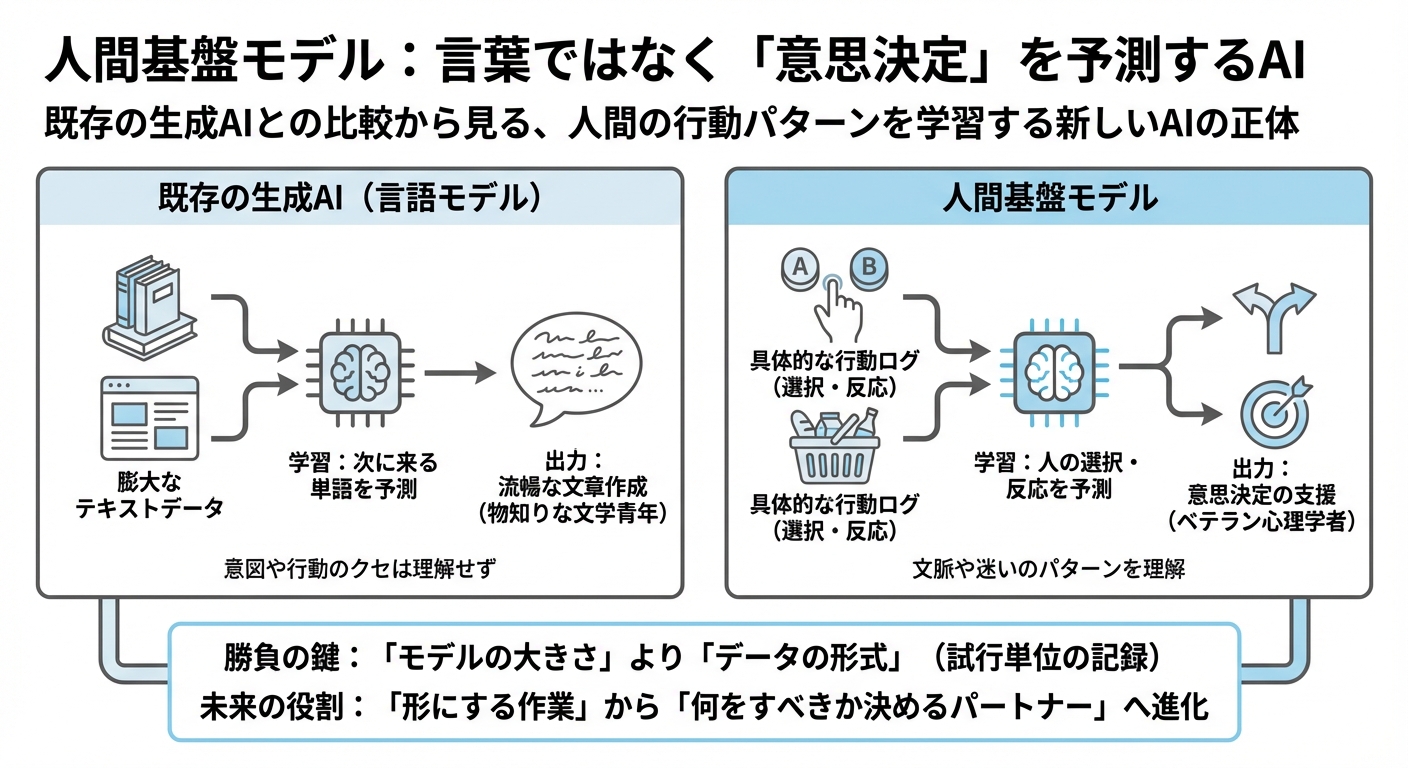 図解: 生成AIとは似て非なる「人間基盤モデル」の正体