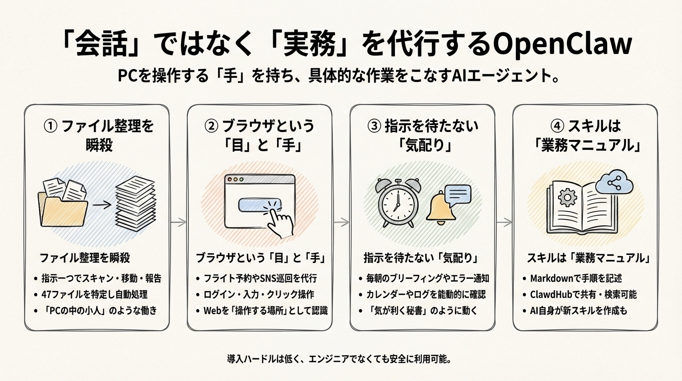 図解: 「会話」ではなく「実務」を代行する：OpenClawの具体的な仕事とスキル