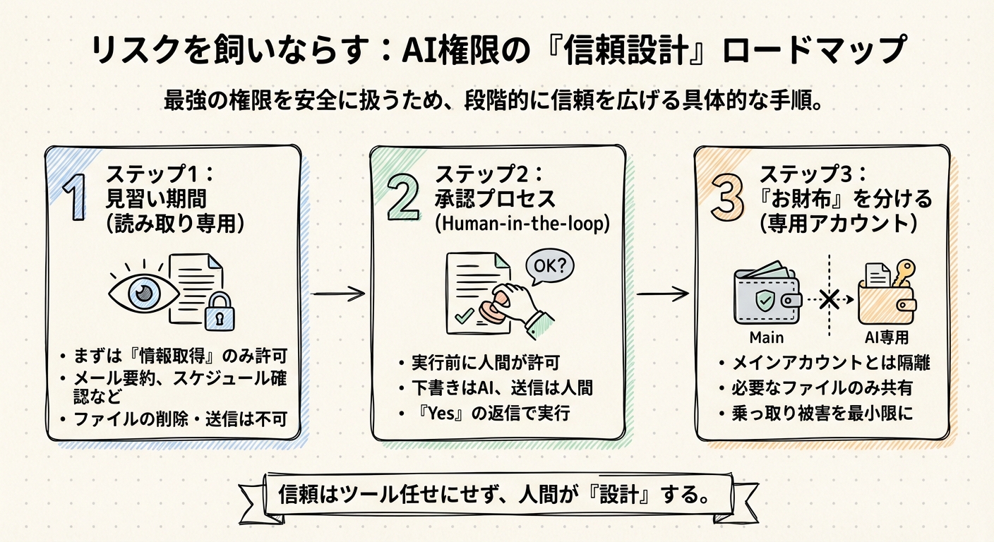 図解: リスクを飼いならす：最強の権限を安全に扱うための「信頼設計」ロードマップ