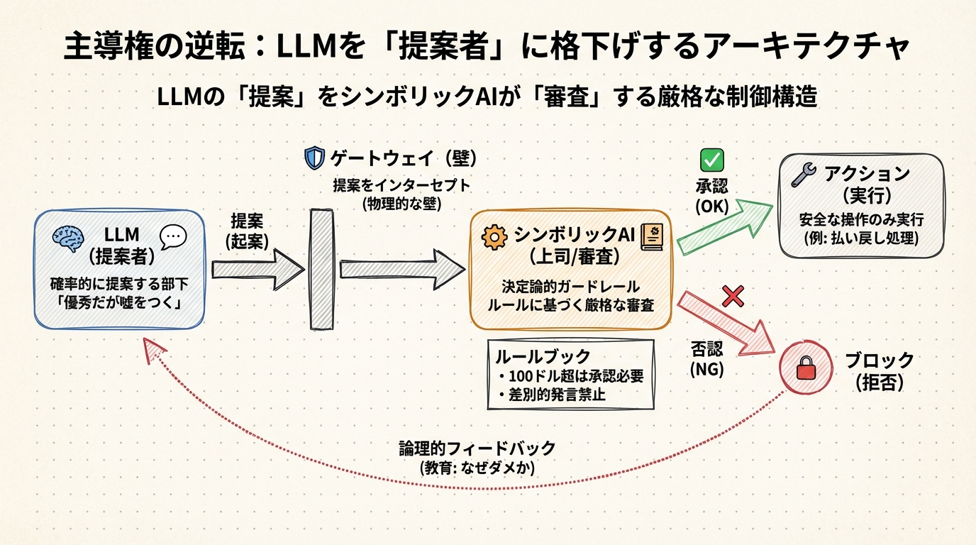 図解: 主導権の逆転:LLMを「提案者」に格下げするアーキテクチャ