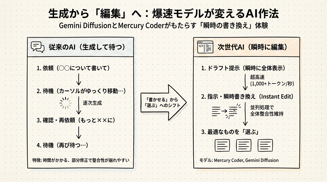 図解: Google Gemini DiffusionとMercury Coder:爆速モデルが切り開く「生成」から「編集」へのシフト