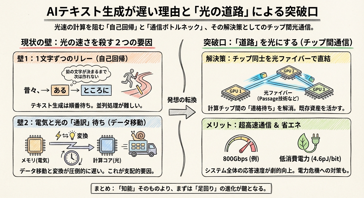 図解: 「一瞬」を阻む壁と突破口:なぜテキスト生成はまだ待たされるのか
