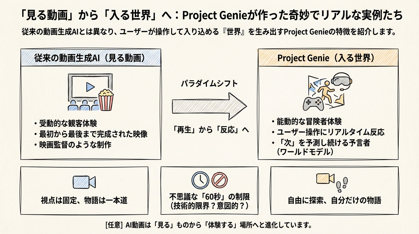 図解: 「見る動画」から「入る世界」へ:Project Genieが作った奇妙でリアルな実例たち