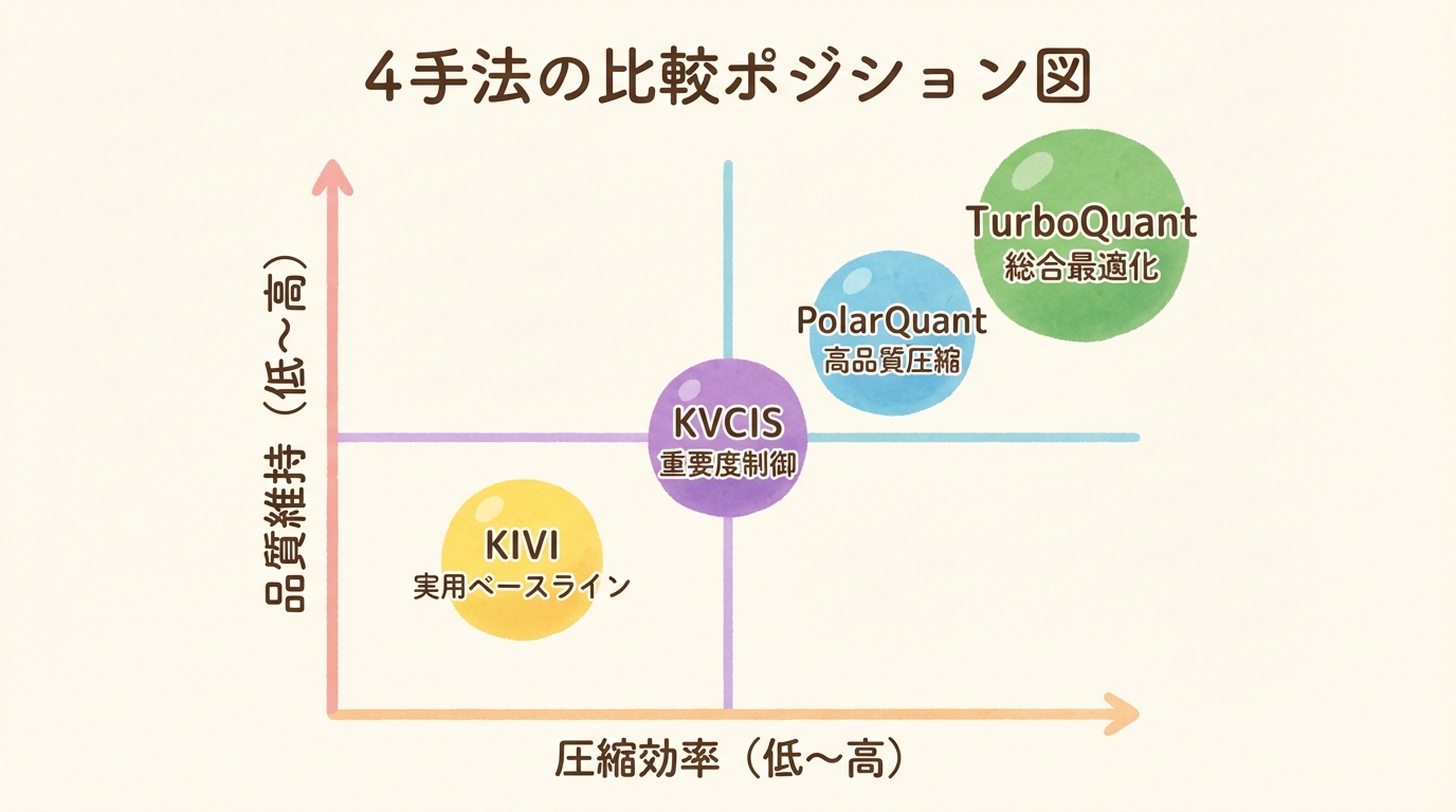KIVI・PolarQuant・KVCISとの比較で見えるTurboQuantの位置づけ