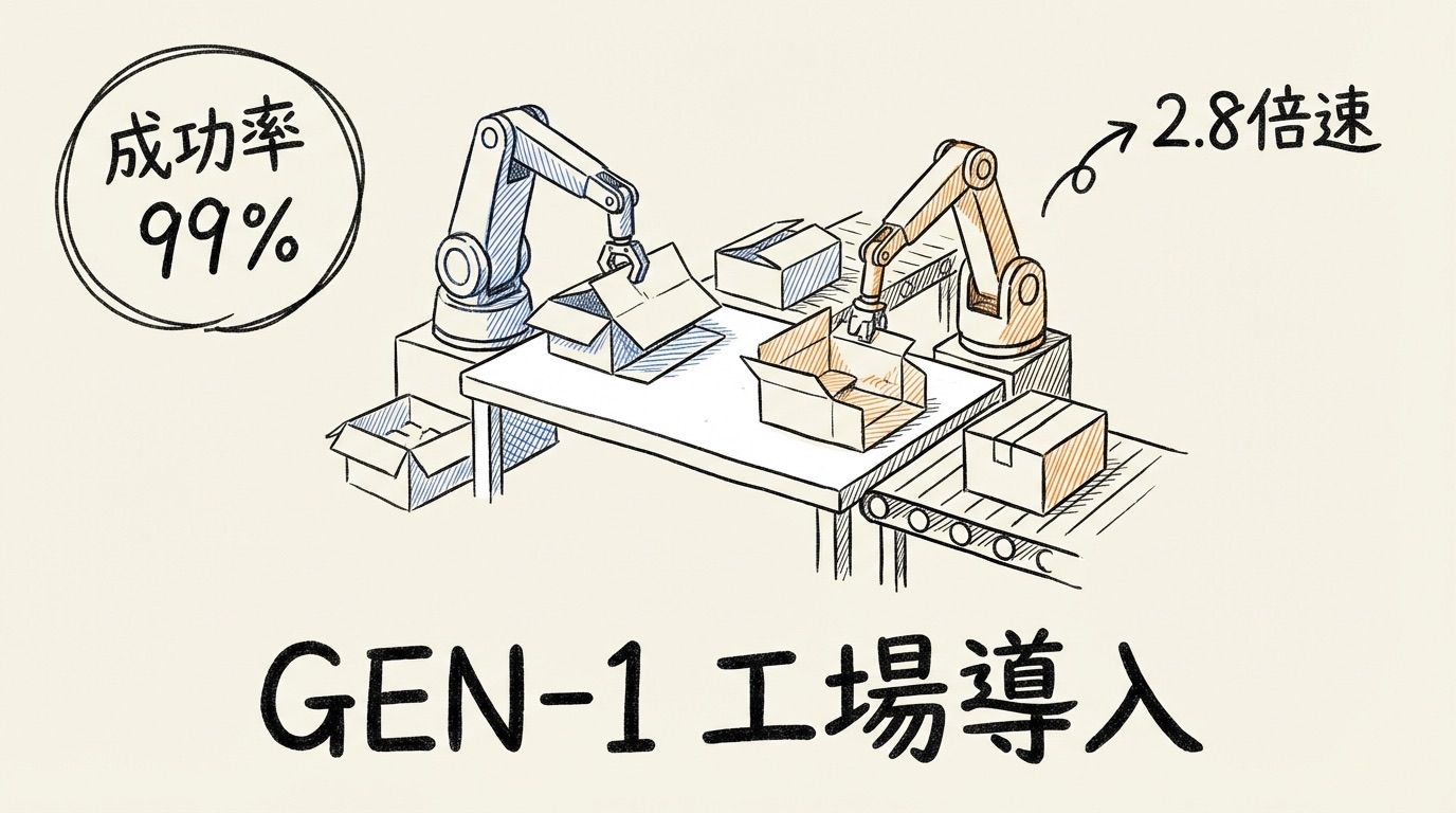 折り箱もスマホ梱包も99%成功 — GEN-1が工場にやってきた