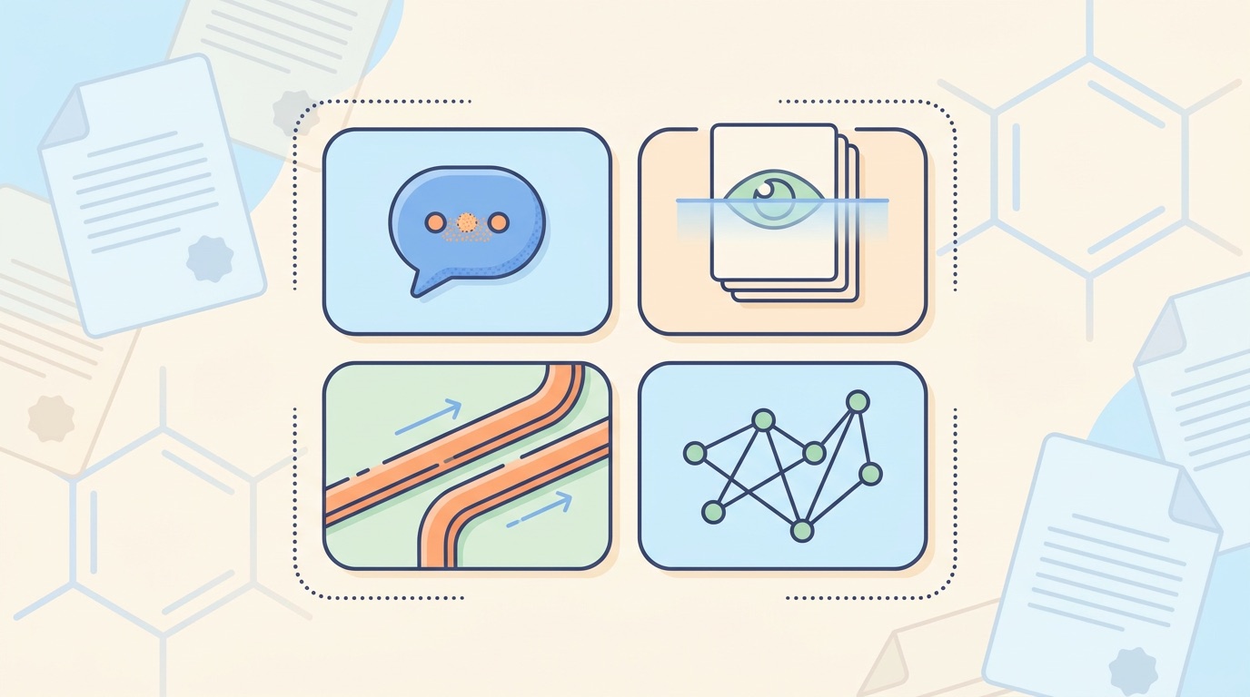 AI特許調査の4パターンと限界を2x2で示したイラスト