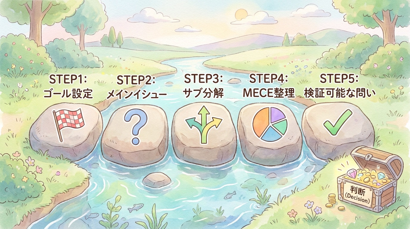 イシューツリーの作り方5ステップ——ゴール設定からメインイシュー、サブ分解、MECE整理、検証可能な問いへ