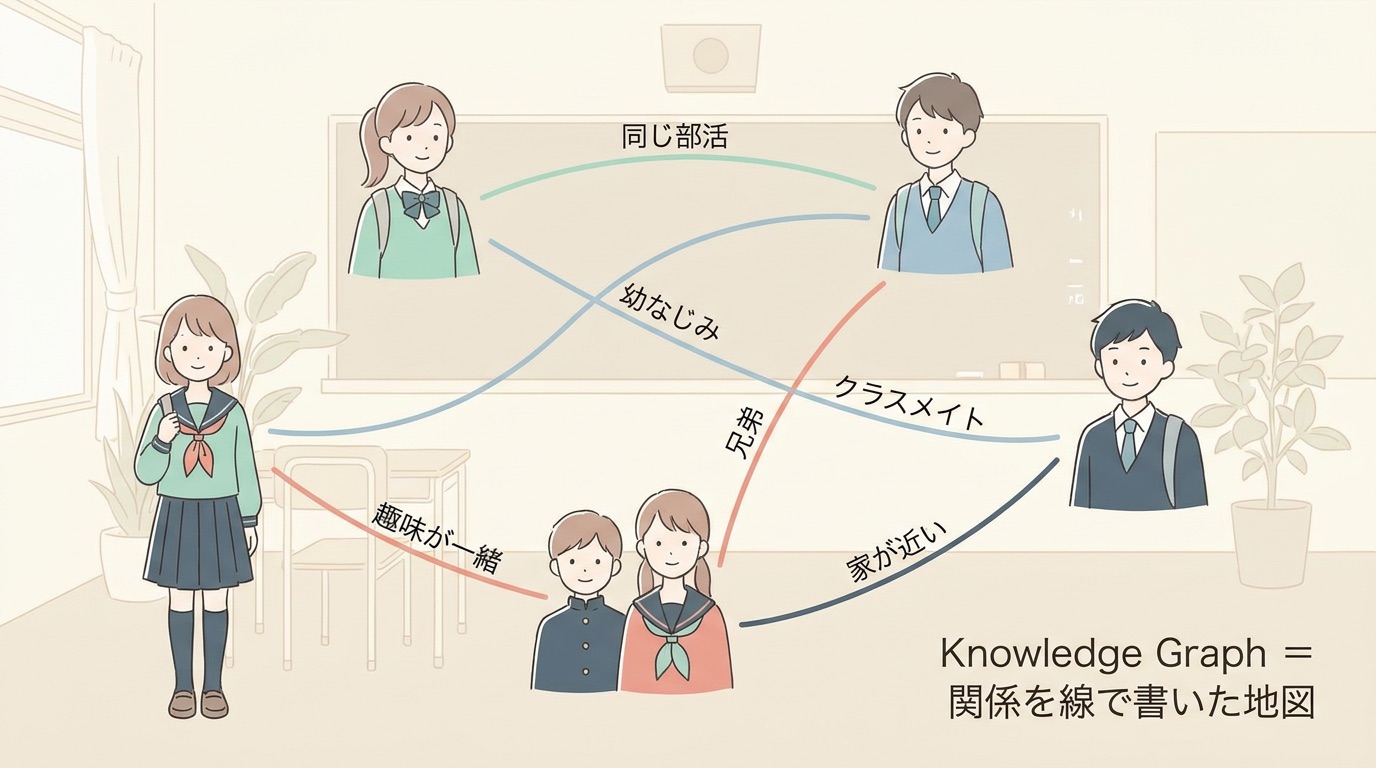 ナレッジグラフを友達関係マップにたとえる図