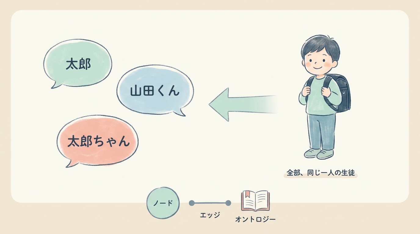 呼び方が違う3つの名前を1人にまとめる図解、ノード・エッジ・オントロジー