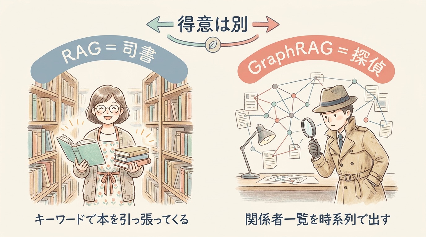 RAGは司書、GraphRAGは探偵という対比のイラスト