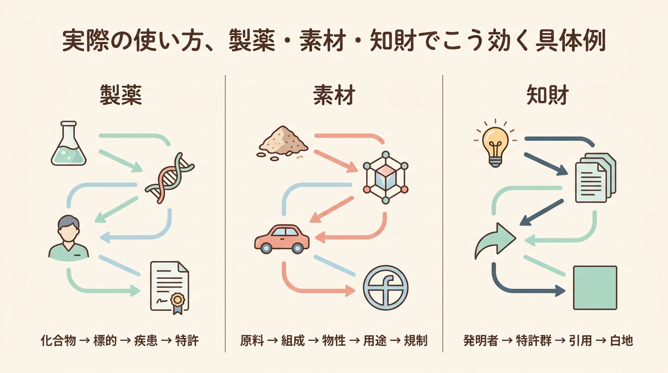製薬・素材・知財の3業界でのナレッジグラフ活用イメージ