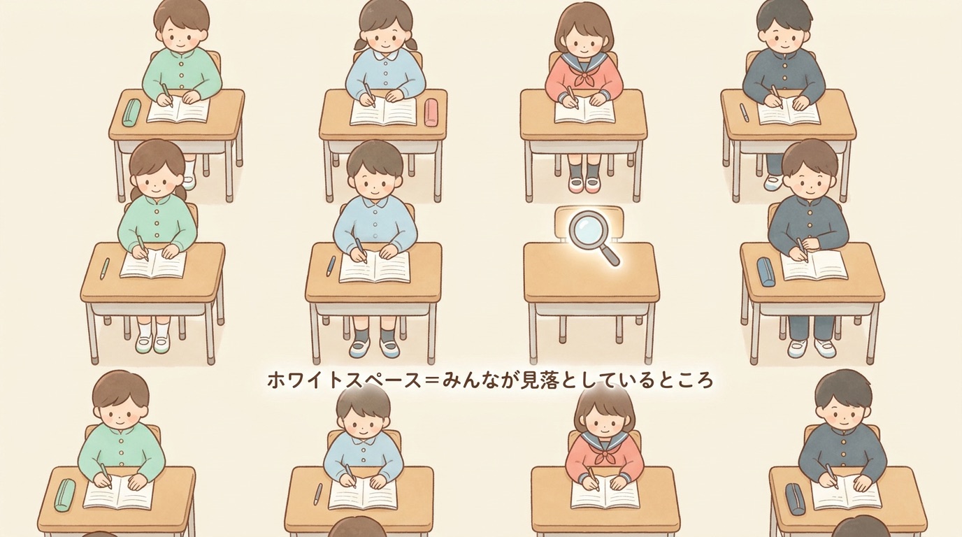 教室の机に空席があり、虫眼鏡が浮かぶイラスト。ホワイトスペースは見落としているところ