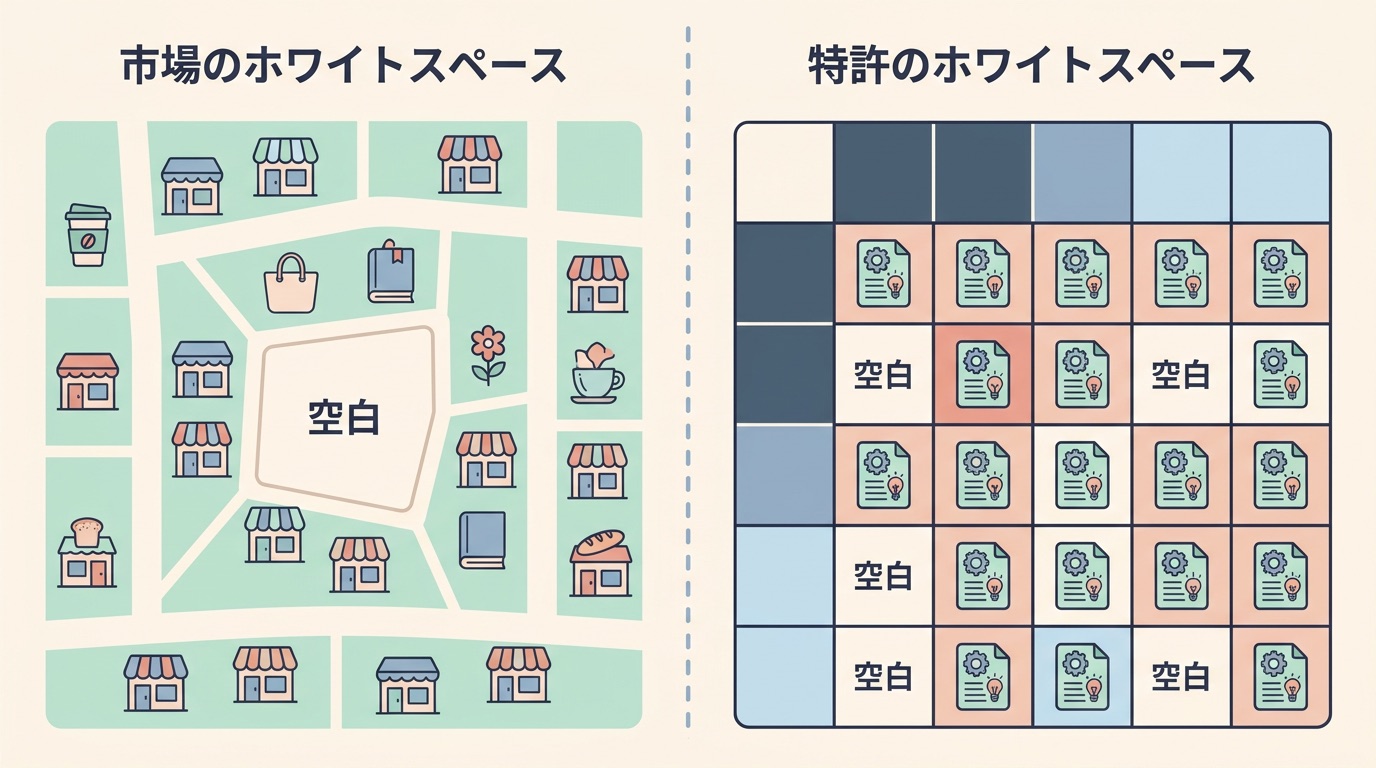 市場のホワイトスペースと特許のホワイトスペース、2つの地図を左右に並べた対比図