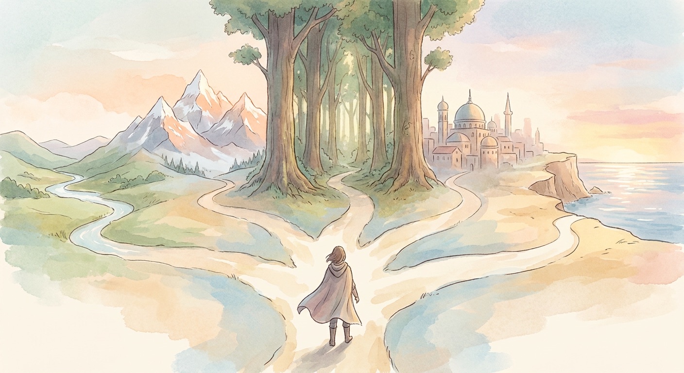5つのシナリオの分岐、道の分かれ道のイラスト