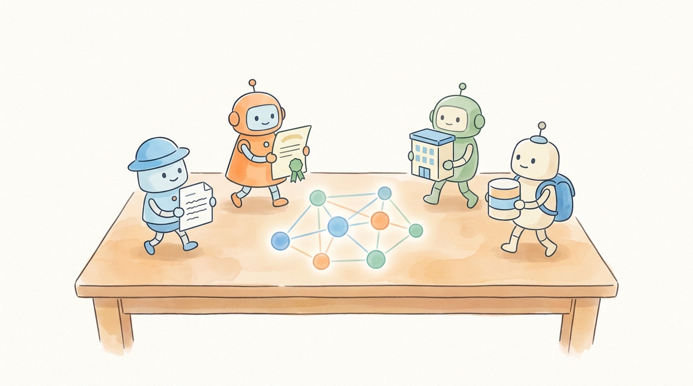 複数のAIエージェントが論文・特許・企業データを持ち寄って協力するイラスト