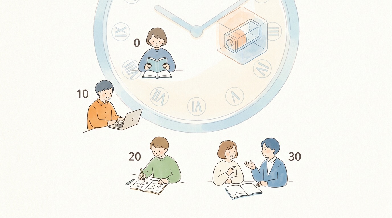 0分・10分・20分・30分の時計と全固体電池の模式図|30分実演の時間軸