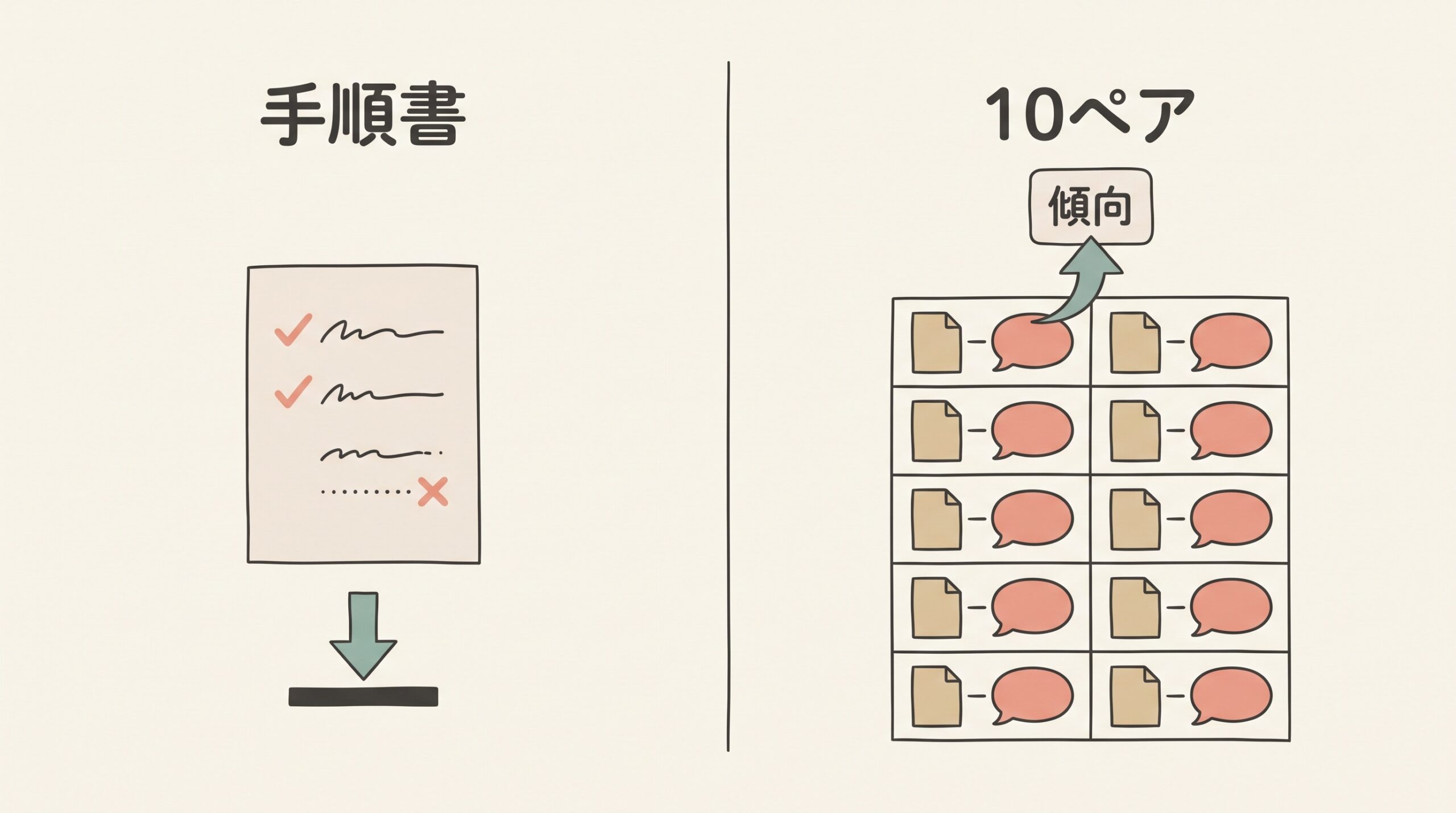 手順書として書き出すやり方と、入力と出力の10ペアから逆算するやり方の対比