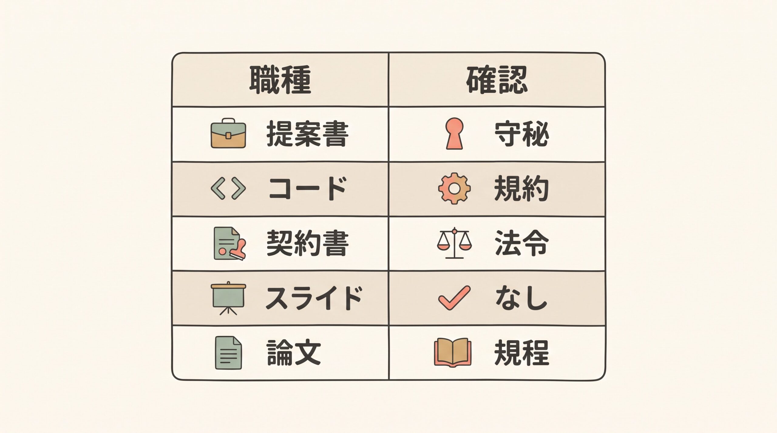 5職種それぞれで追加する観点と確認すべき法令やポリシーの対応表