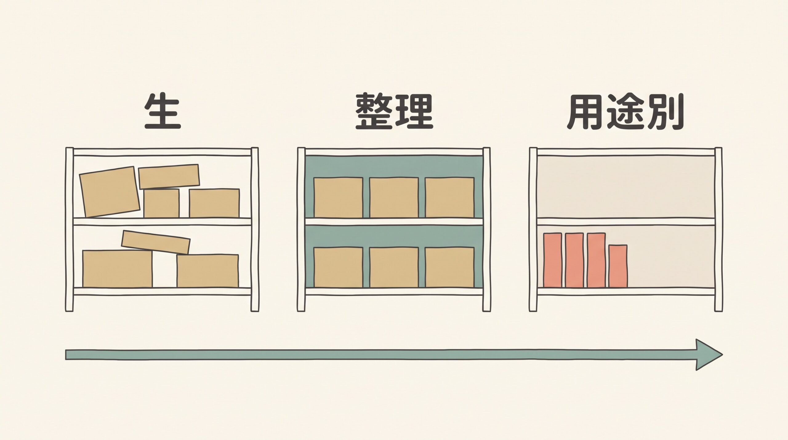 生のまま置くブロンズ、整理するシルバー、用途別に仕上げるゴールドの3つの棚