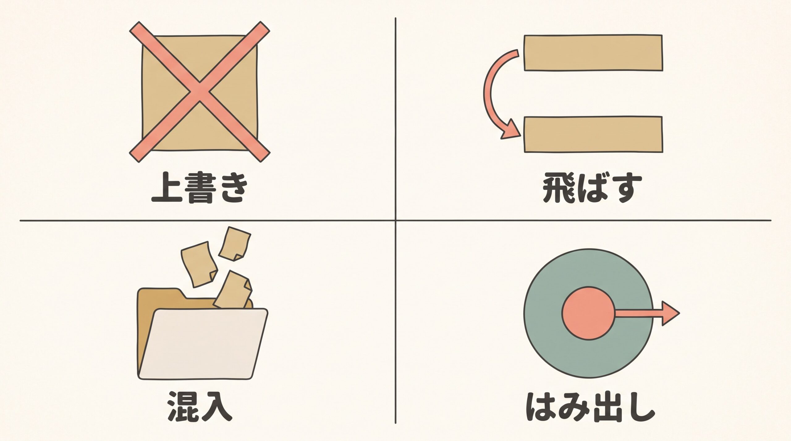 上書き、飛ばす、混入、はみ出しという4つの壊れ方