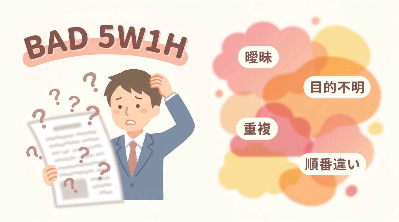 曖昧・目的不明・重複・順番違いの悪い5W1H反例パターンのイラスト