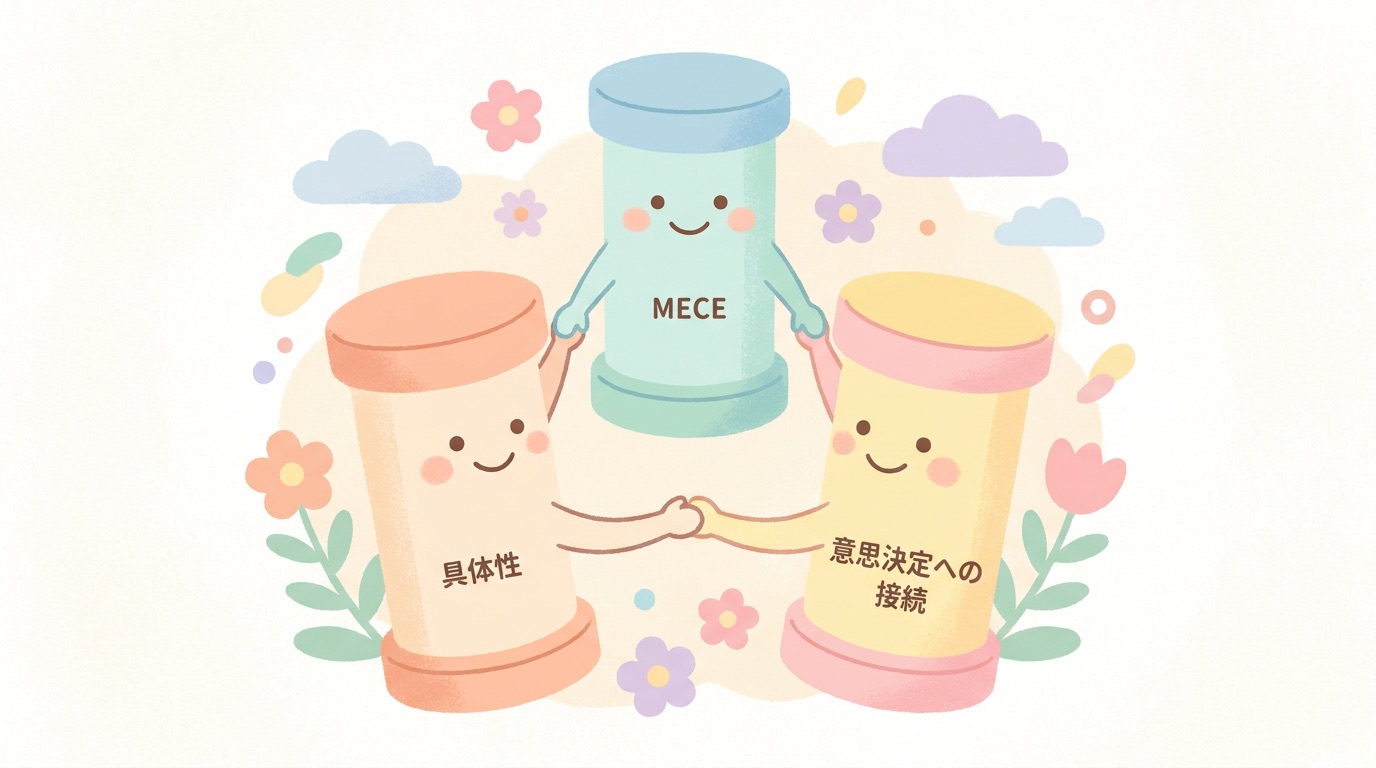 良い5W1Hの3原則である具体性MECE意思決定接続を表す3本柱のイラスト