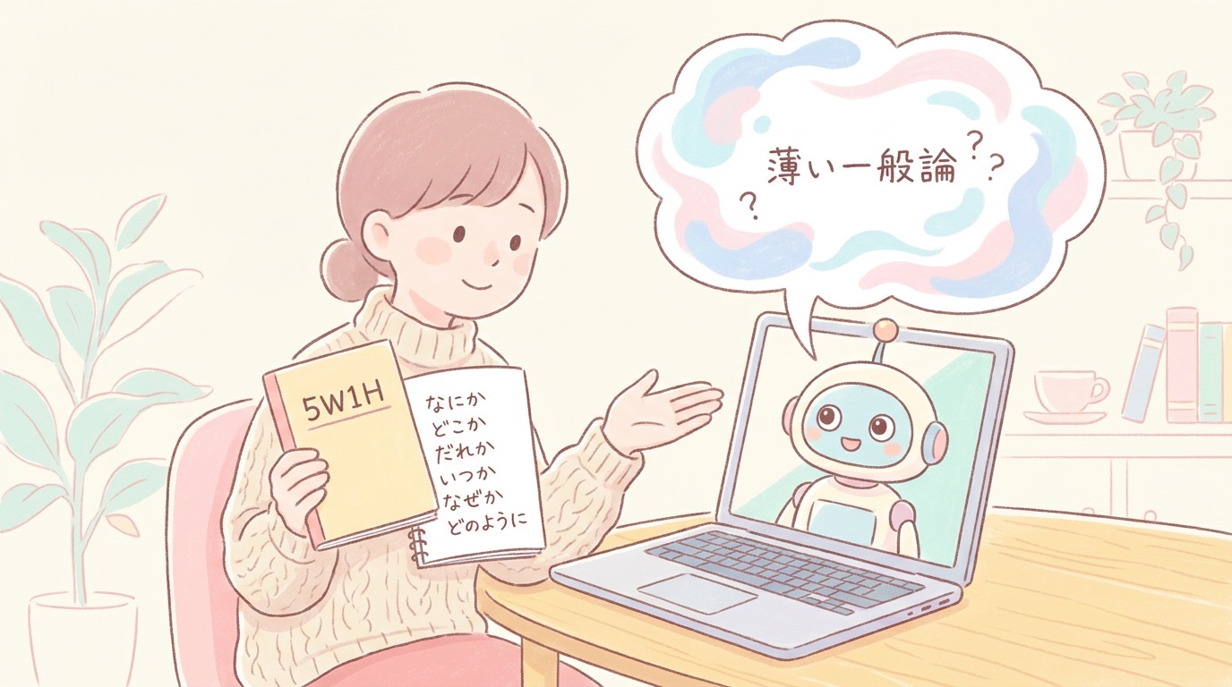 5W1HテンプレをAIに投げて薄い一般論が返ってくる罠のイラスト