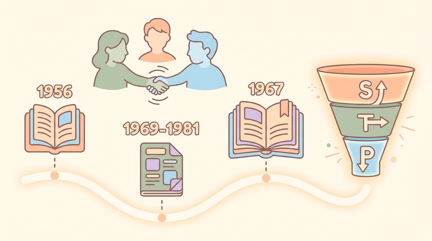 STP分析の3段階を年表と人物の系譜で示した図解イラスト