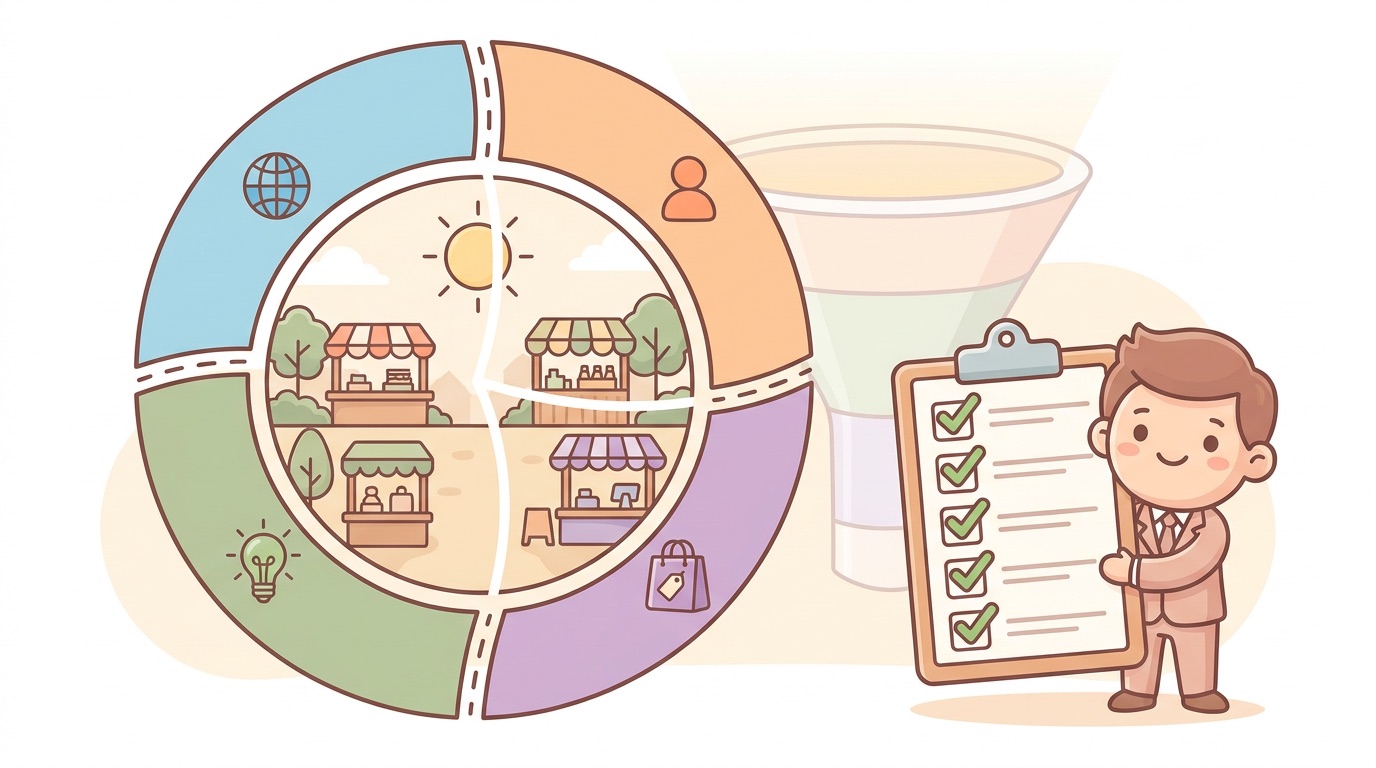 Segmentationの4つの切り口と良いセグメントの5条件を示したイラスト