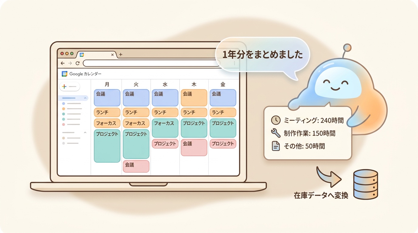 Googleカレンダーの予定表とClaudeが並んで業務時間の棚卸しをしているイラスト