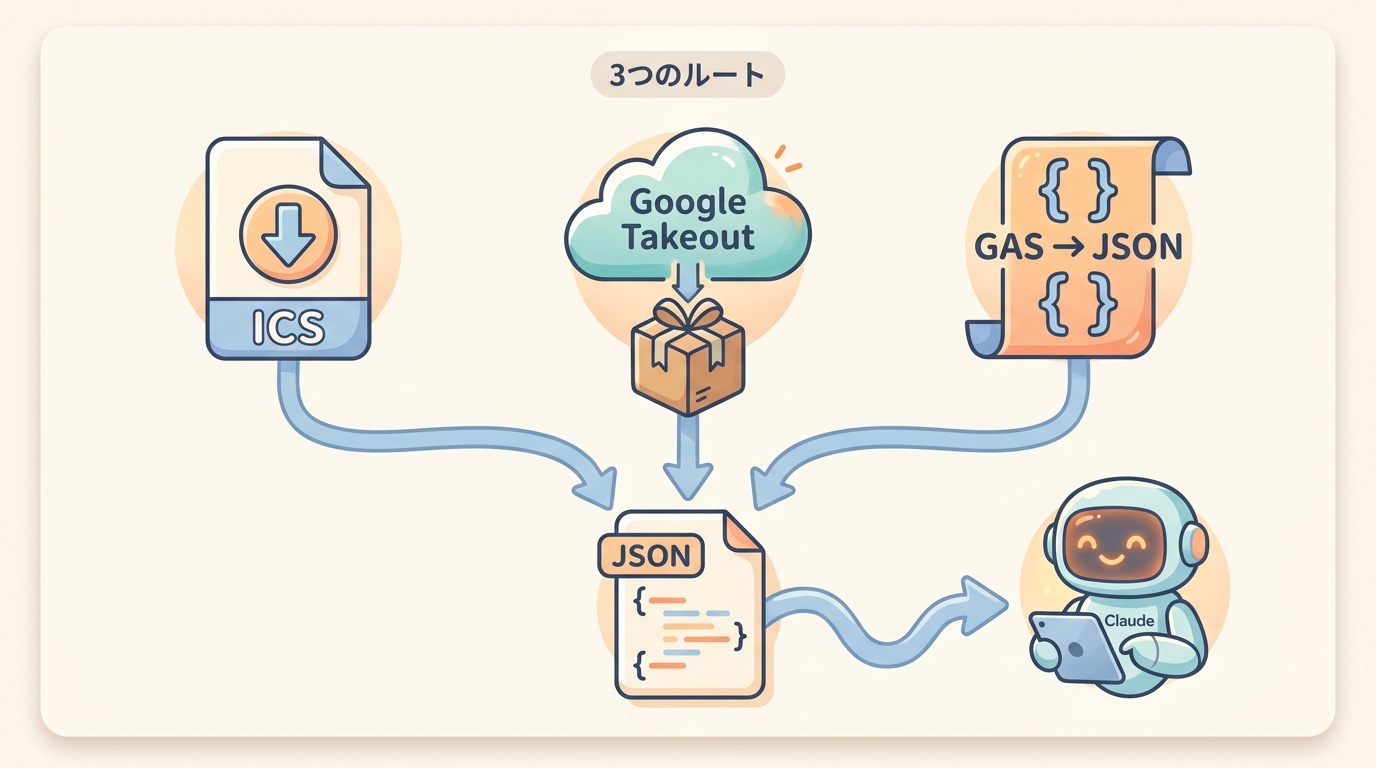 ICSファイル・Google Takeoutのバックアップ・GAS/JSONの3ルートを示す準備手順のイラスト