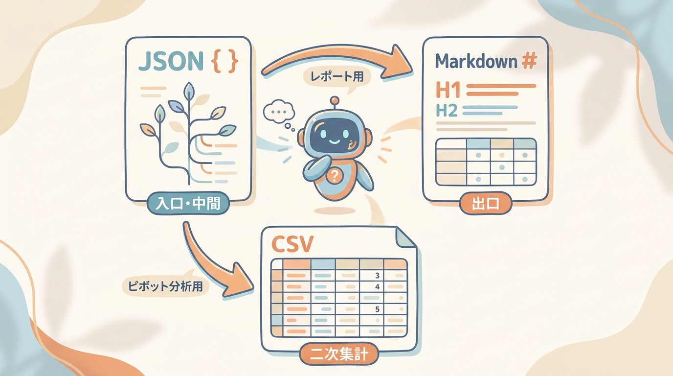 JSON・Markdown・CSVの3つのデータ形式の役割分担を示す比較図イラスト