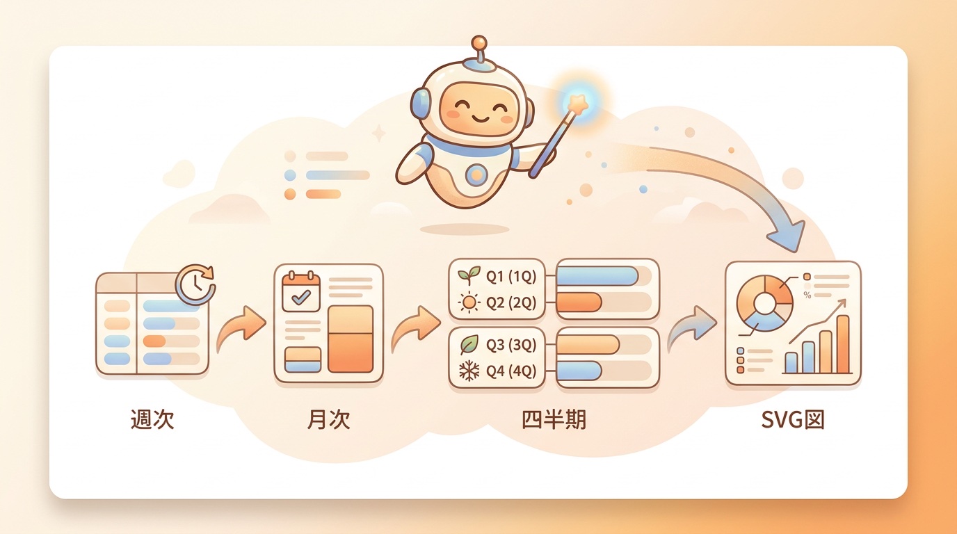 週次サマリー→月次→四半期→SVGフローチャートまでの4段階ロールアップを示すフロー図イラスト