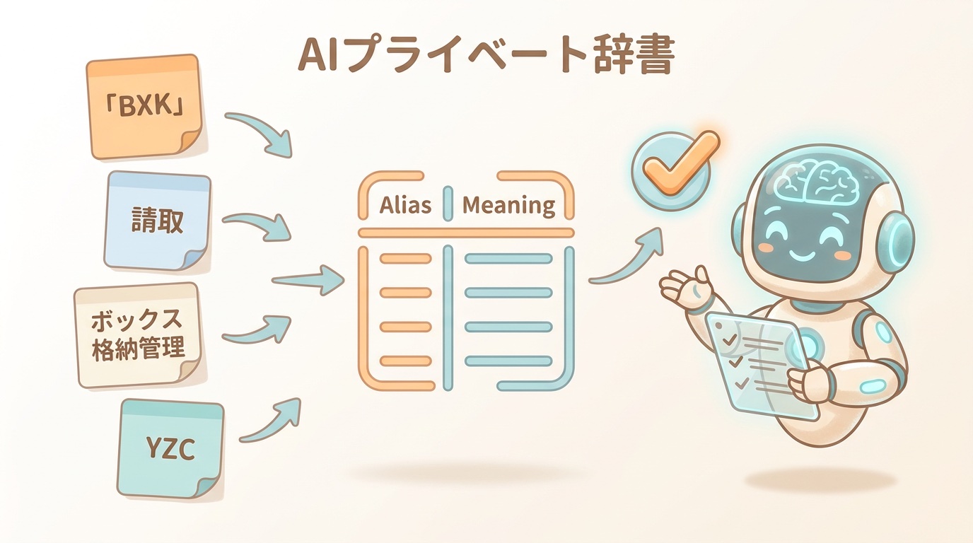 独自命名の略称とClaudeを対応表でつなぐイラスト(BXK・請取・ボックス格納管理などのラベル入り)