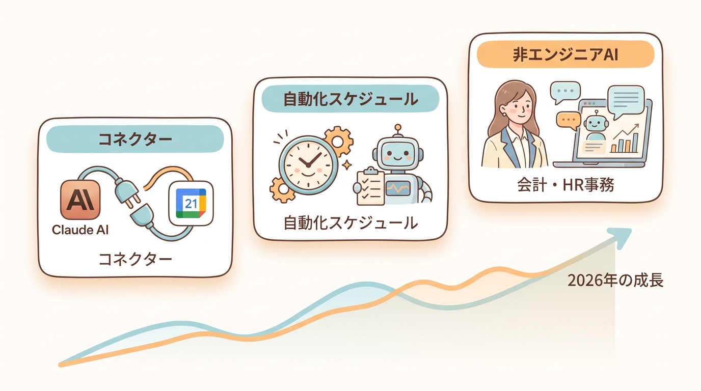 Claudeコネクタ・Scheduled Tasks・非エンジニア職のAI活用という3つのトレンドを表すイラスト
