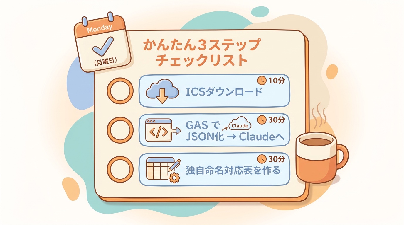 月曜日から試せる3ステップ(ICSダウンロード・GAS JSON化・対応表作成)のチェックリスト風イラスト