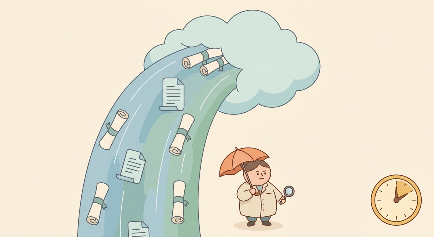 論文洪水と削られる研究時間の対比イラスト