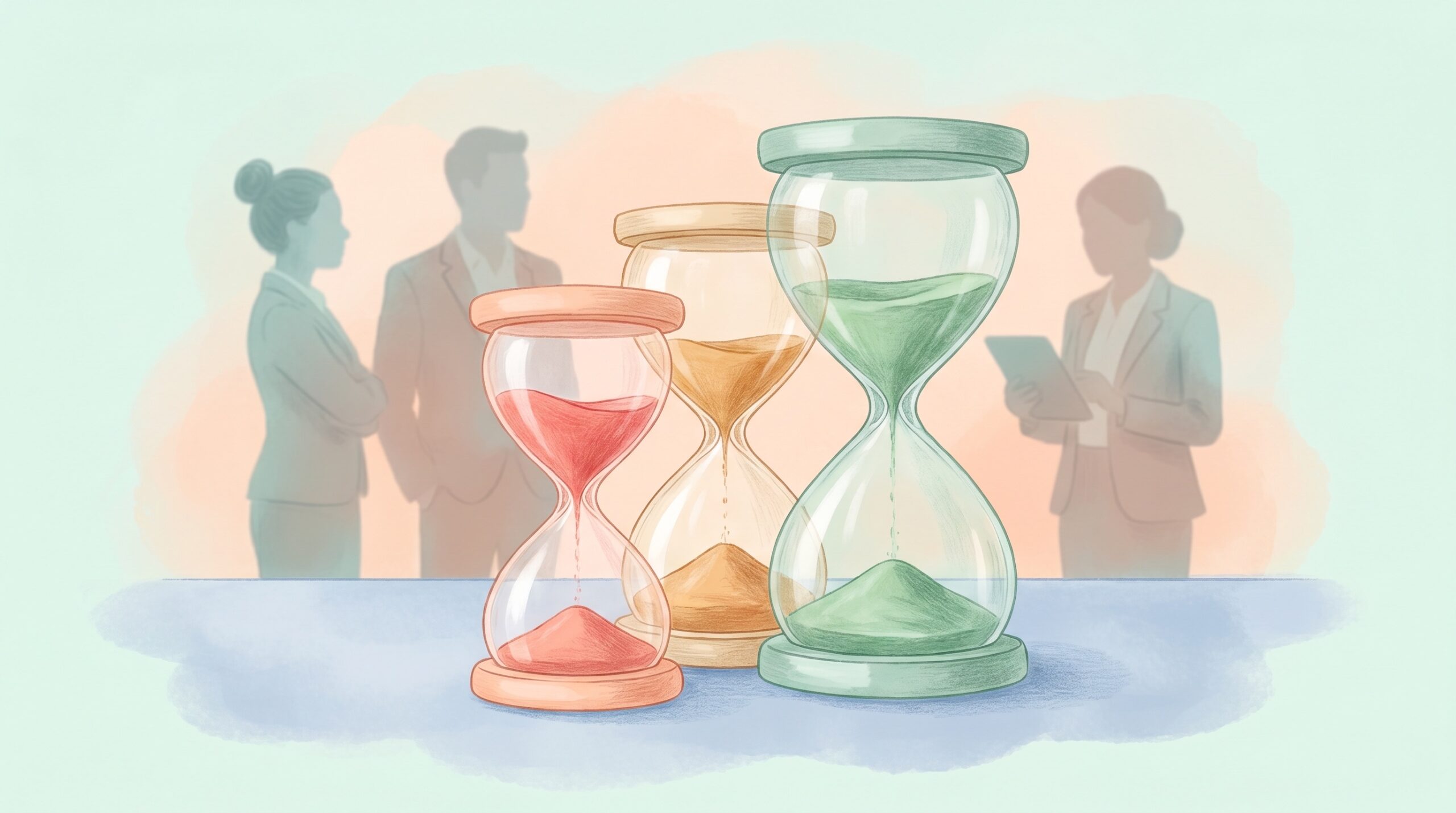 3つの時間軸の危機(4時間・24-48時間・数週間)を象徴する3つの砂時計