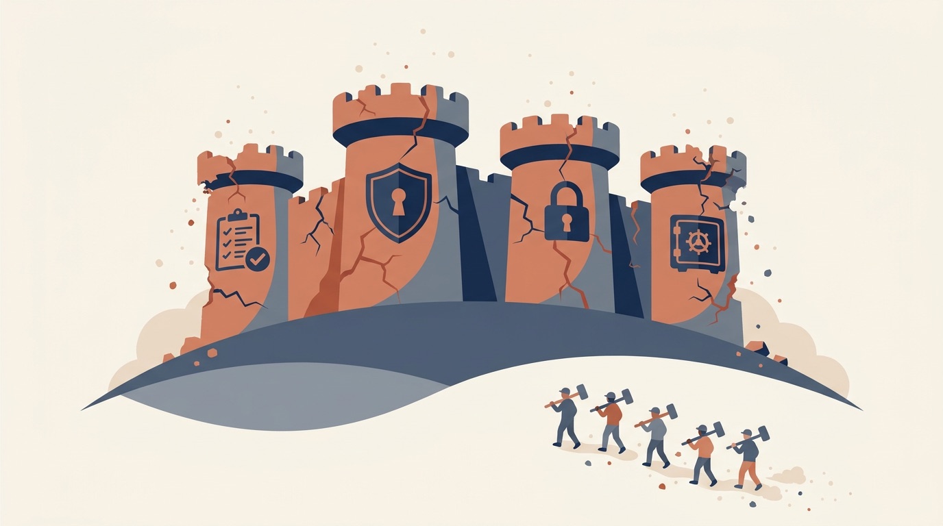 J-SOX、GDPR、個人情報保護法、FISCの4つの砦が崩れるイラスト