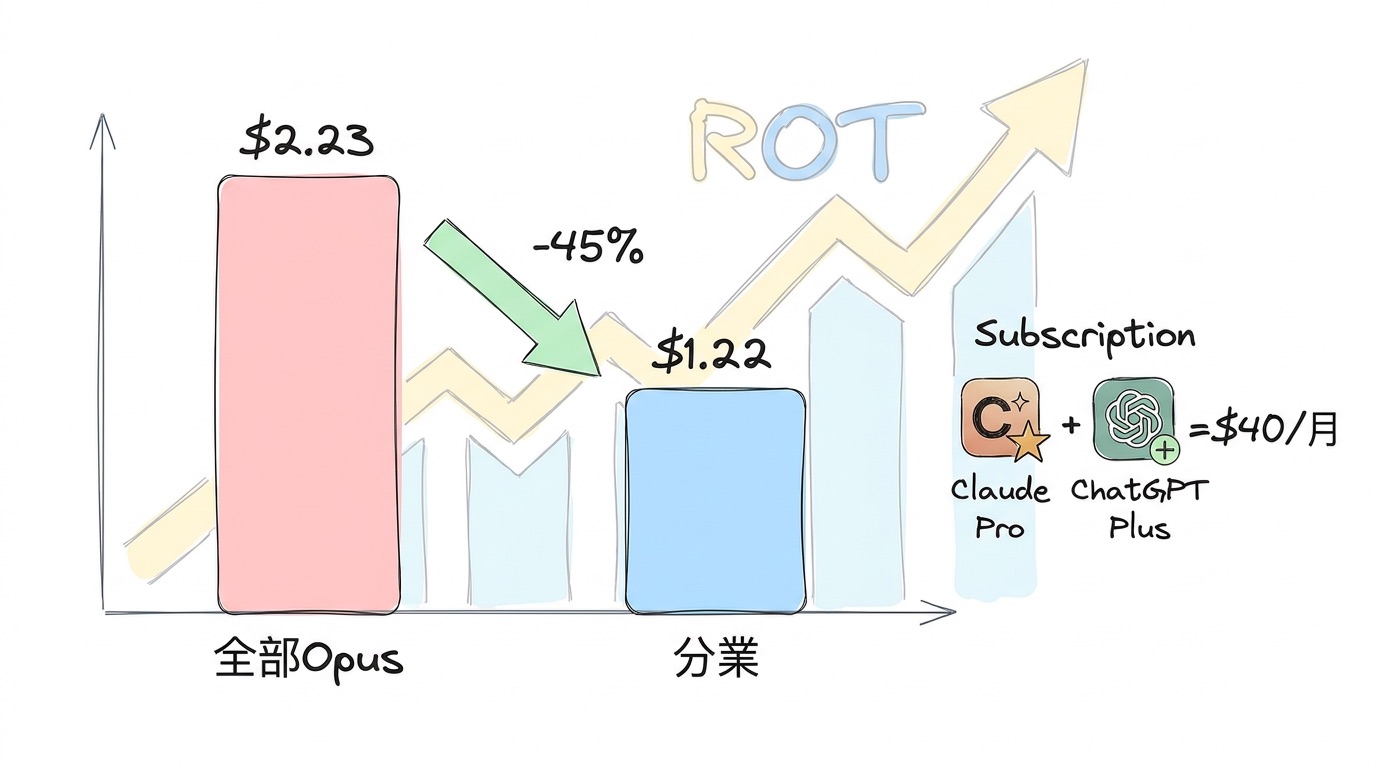 $2.23→$1.22の45%削減を示すROI試算グラフ