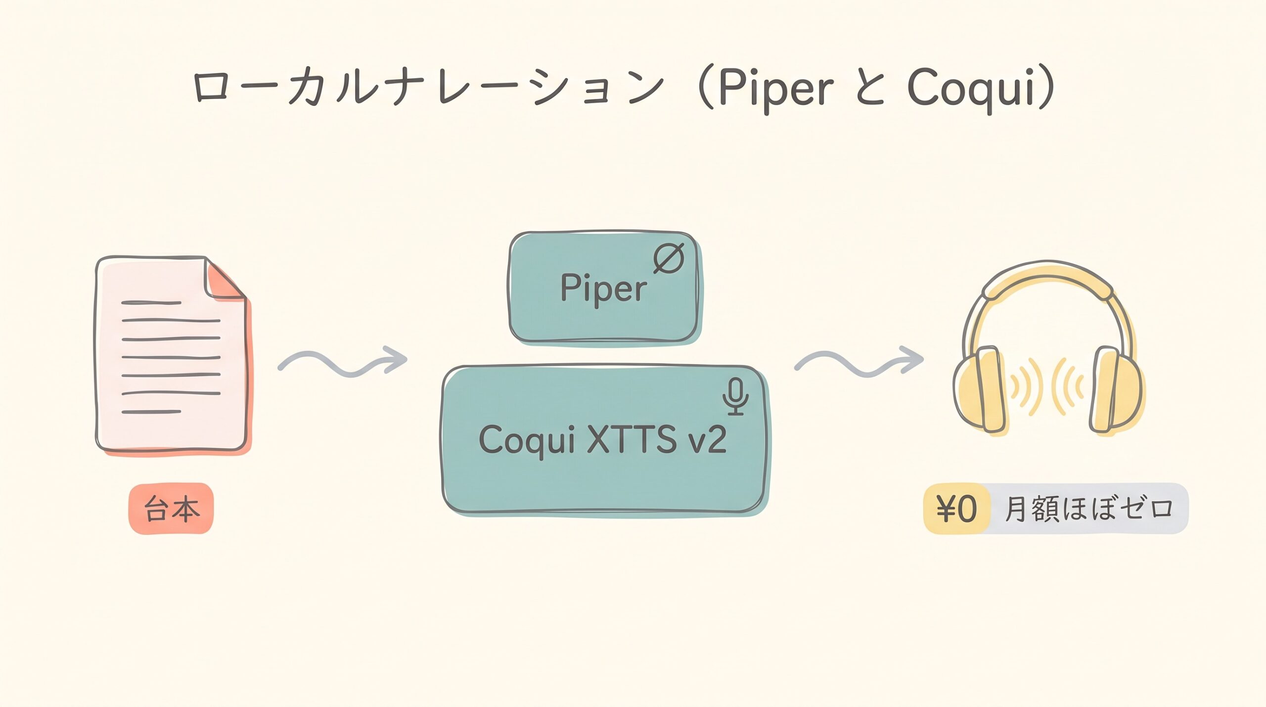 ローカルナレーションで制作費を削る Piper と Coqui